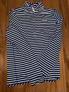 Vineyard Vines Shep Pullover Navy & White Striped 1/4 Zip Preppy Beachwear Coast